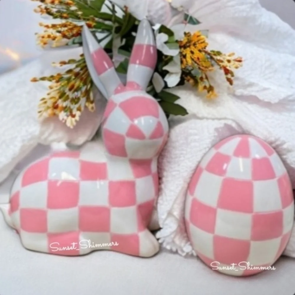 2pc Pink White MacKenzie Style Courtly Check Easter Bunny Rabbit & Egg Decor Set